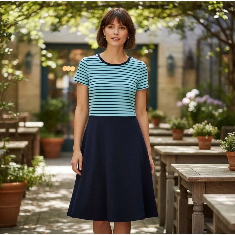 Talbots Blue‎ Striped Fit & Flare Knit Dress Women's Small Nautical